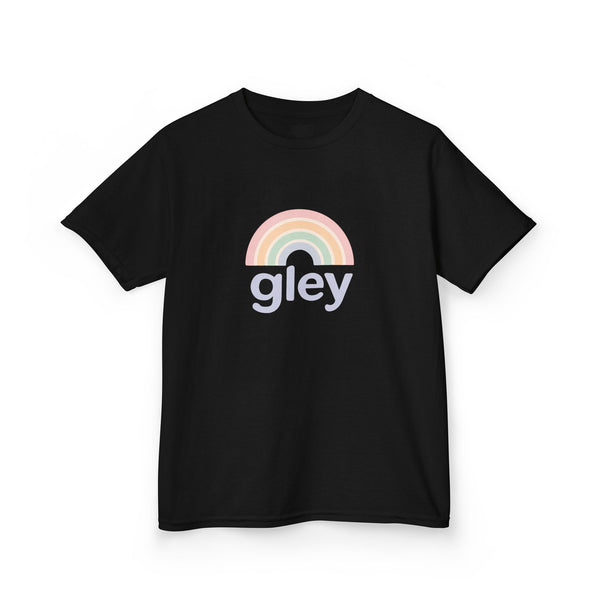Black t-shirt with a rainbow and 'gley' text design on a white background