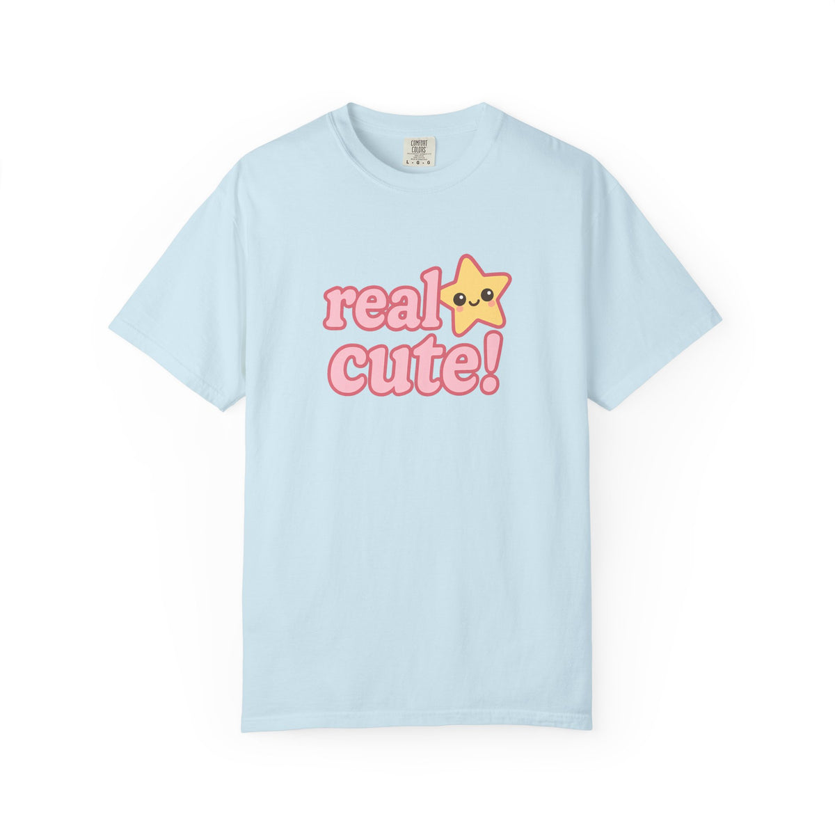 Light blue t-shirt with 'real cute!' text and a star graphic on a white background