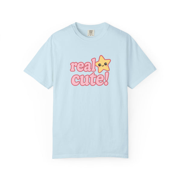 Light blue t-shirt with 'real cute!' text and a star graphic on a white background