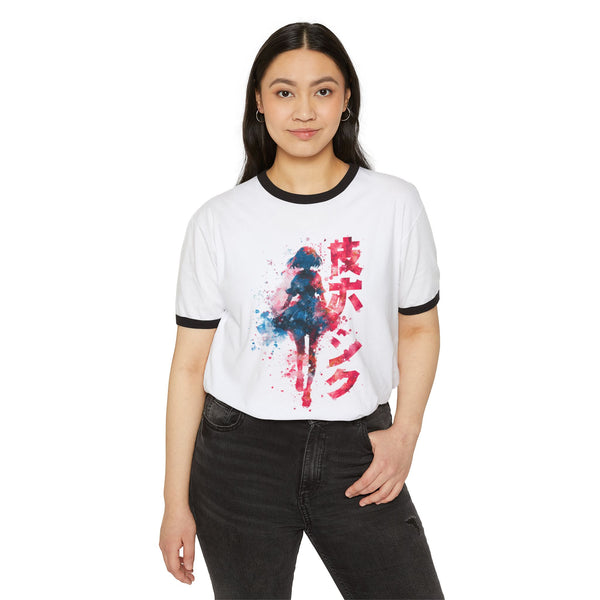 Woman wearing a white t-shirt with a colorful graphic design and text on a white background