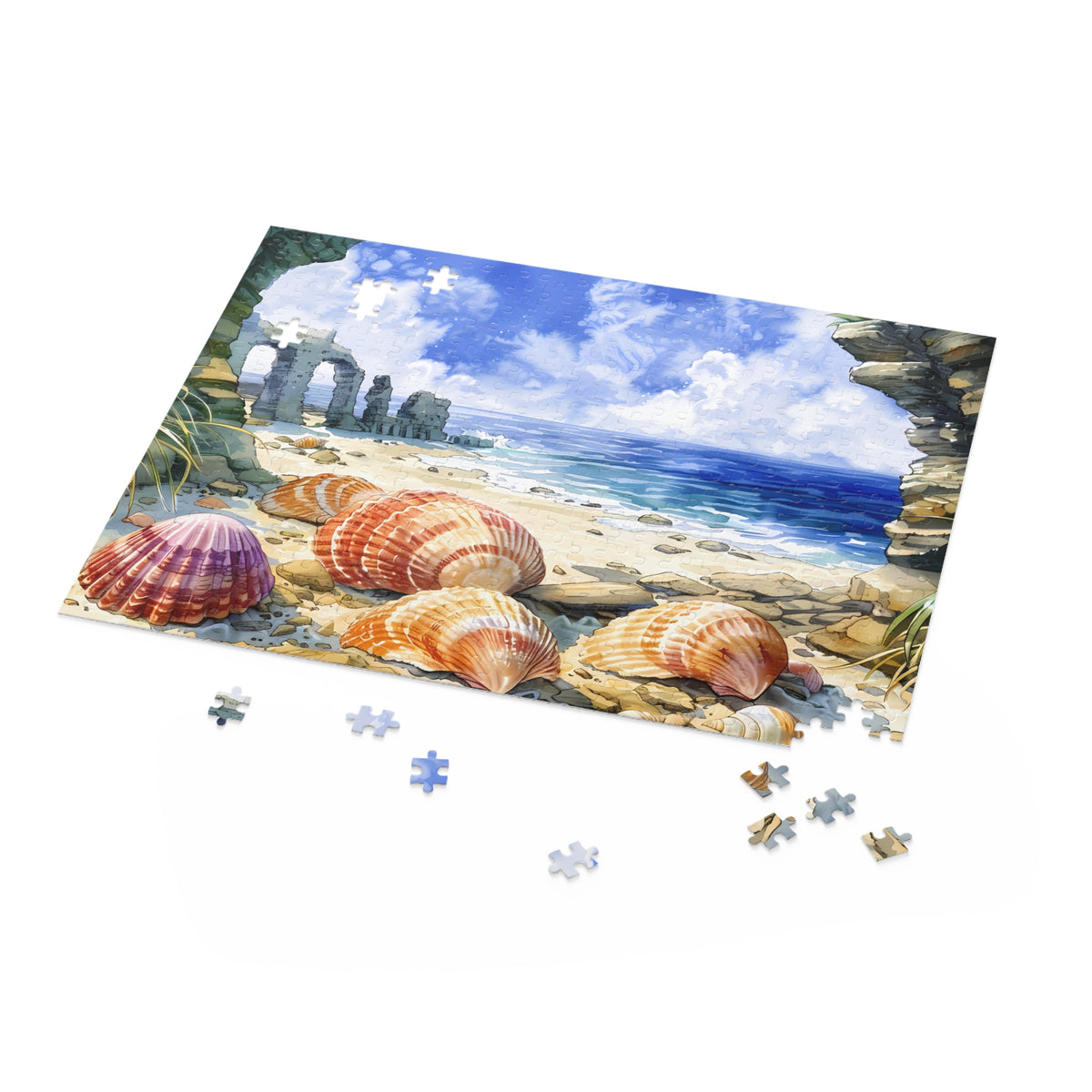 Jigsaw puzzle with a beach scene featuring shells and a castle in the background