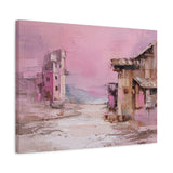 Abstract canvas wall art painting of a village scene with pink and brown tones on a white background