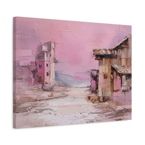Abstract canvas wall art painting of a village scene with pink and brown tones on a white background