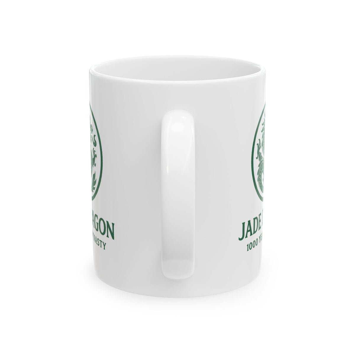 White mug with green logo and text on a white background