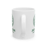 White mug with green logo and text on a white background