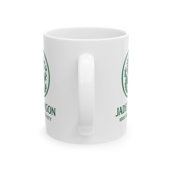 White mug with green logo and text on a white background
