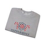 Folded gray shirt with peppermint-themed design on a white background