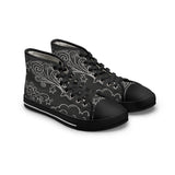 Black high-top sneakers with white sky pattern on a white background