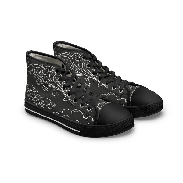 Black high-top sneakers with white sky pattern on a white background