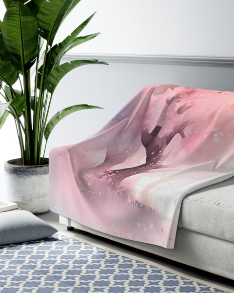 Cherry Blossom Hillside - Premium Fleece Throw Blanket