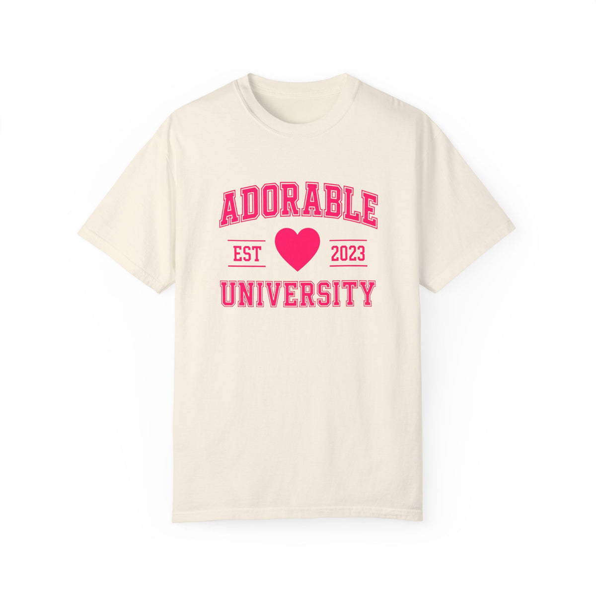 Ivory crew neck t-shirt with the text 'ADORABLE UNIVERSITY EST 2023' printed in red, heart symbol replacing the year.