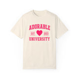 Ivory crew neck t-shirt with the text 'ADORABLE UNIVERSITY EST 2023' printed in red, heart symbol replacing the year.