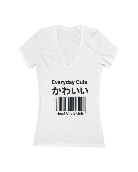 White v-neck t-shirt with a barcode design and text on a white background