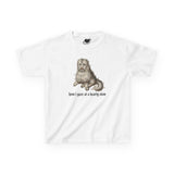 A white baby tee featuring a vintage-style illustration of a medieval dog meme and the text 'how i gaze at a hearty stew' printed on the front.