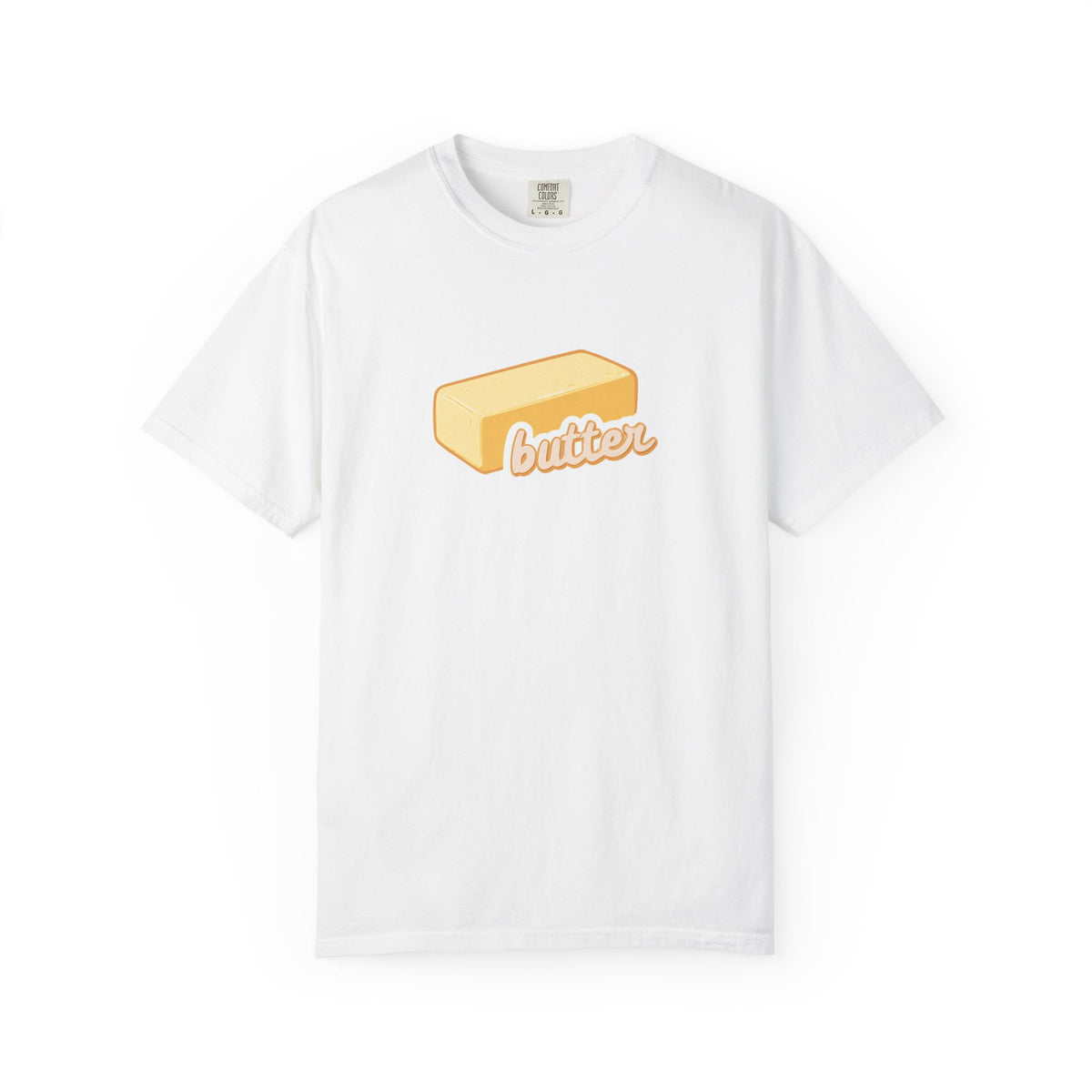 White t-shirt with a graphic of a stick of butter and the word 'butter' on a white background
