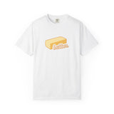 White t-shirt with a graphic of a stick of butter and the word 'butter' on a white background