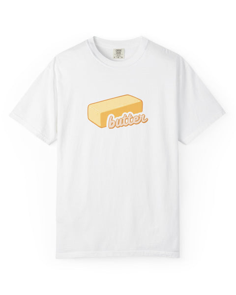 White t-shirt with a graphic of a stick of butter and the word 'butter' on a white background