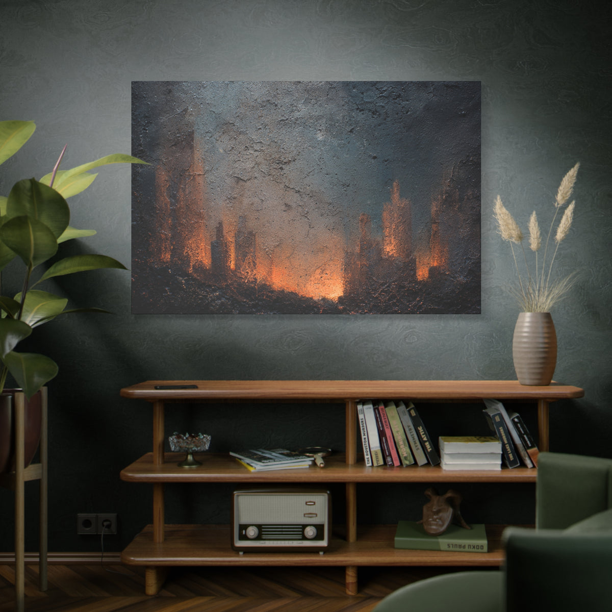 Framed artwork of a fiery cityscape on a dark wall above a wooden shelf with books and decor.