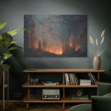 Framed artwork of a fiery cityscape on a dark wall above a wooden shelf with books and decor.