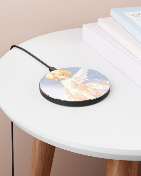 Round wireless charging pad on a white table with books underneath