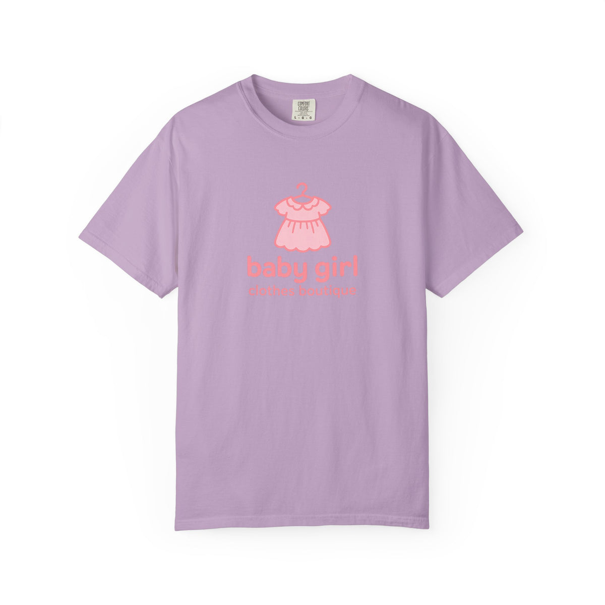 Purple t-shirt with pink baby dress graphic and 'baby girl' text on a white background