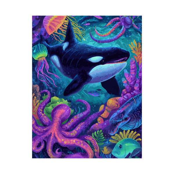 A colorful abstract undersea poster featuring a large orca whale with a vibrant and playful marine scene in the background, including jellyfish and coral.