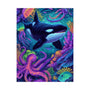 A colorful abstract undersea poster featuring a large orca whale with a vibrant and playful marine scene in the background, including jellyfish and coral.