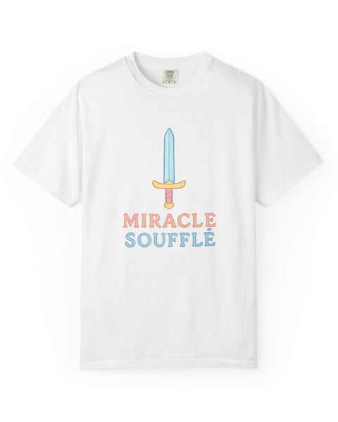 White t-shirt with 'Miracle Souffle' text and sword graphic on a white background