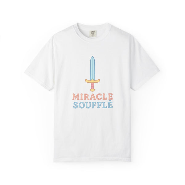 White t-shirt with 'Miracle Souffle' text and sword graphic on a white background