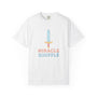 White t-shirt with 'Miracle Souffle' text and sword graphic on a white background