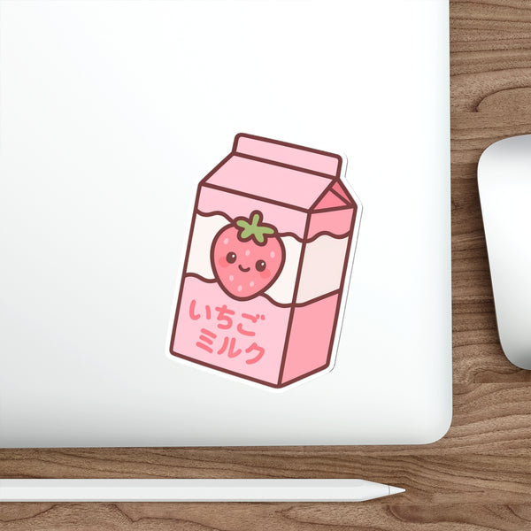 Anime-style strawberry milk carton sticker with a cute strawberry on a white background on laptop