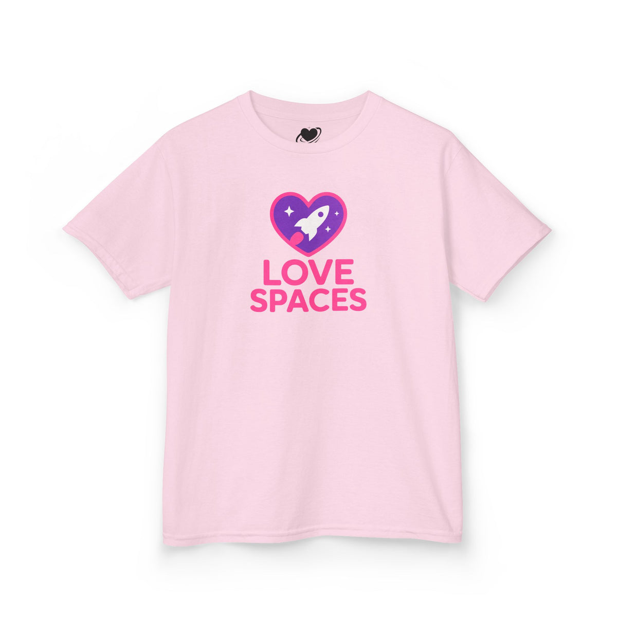Pink t-shirt with a heart and rocket graphic and 'LOVE SPACES' text on a white background