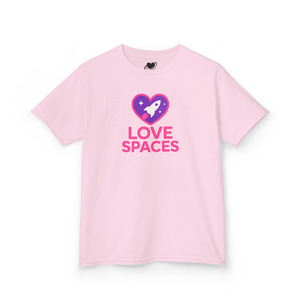 Pink t-shirt with a heart and rocket graphic and 'LOVE SPACES' text on a white background