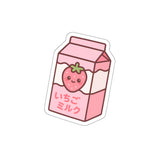 Anime-style strawberry milk carton sticker with a cute strawberry on a white background