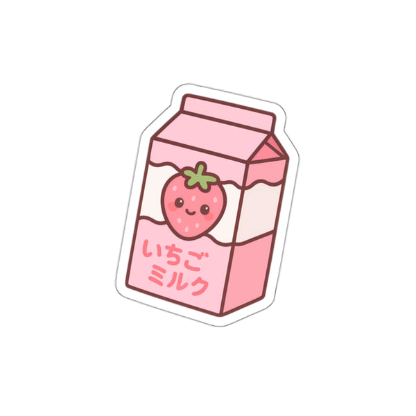Anime-style strawberry milk carton sticker with a cute strawberry on a white background