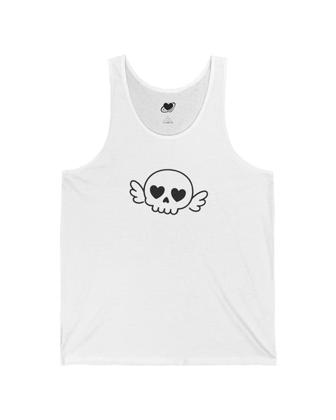 White tank top with a cute black skull design on a white background