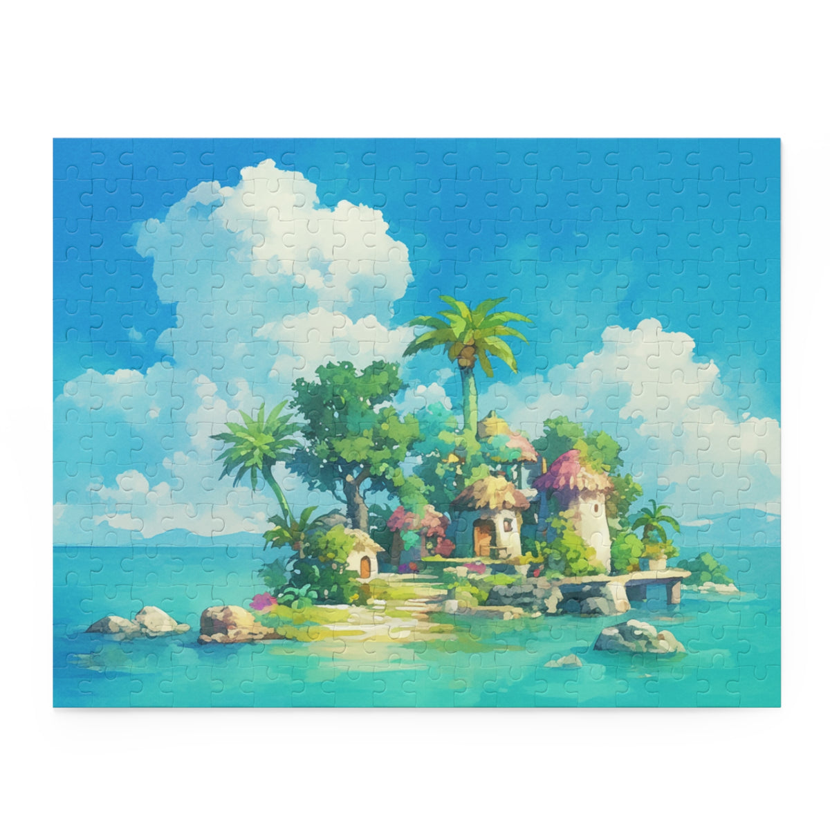 A jigsaw puzzle depicting a colorful and vibrant anime-style tropical island scene with blue sky, green trees, and a small village.