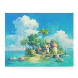 A jigsaw puzzle depicting a colorful and vibrant anime-style tropical island scene with blue sky, green trees, and a small village.