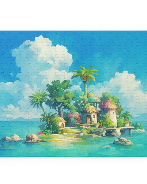 A jigsaw puzzle depicting a colorful and vibrant anime-style tropical island scene with blue sky, green trees, and a small village.