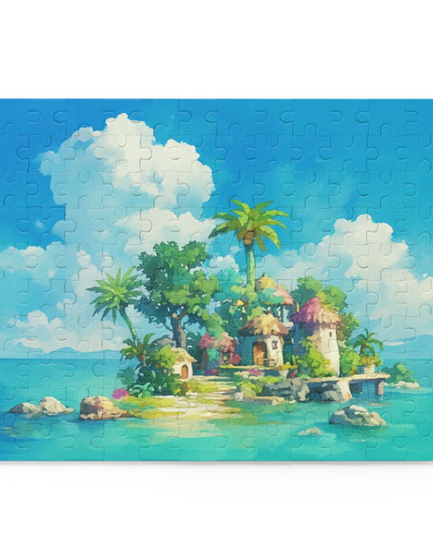 A jigsaw puzzle depicting a colorful and vibrant anime-style tropical island scene with blue sky, green trees, and a small village.