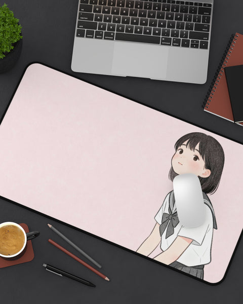 Desk setup with a large mouse pad featuring an illustration of a Japanese girl student, a laptop, notebook, and coffee cup on a dark surface.