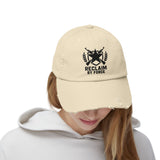 Beige cap with black logo and text worn by a person on a white background