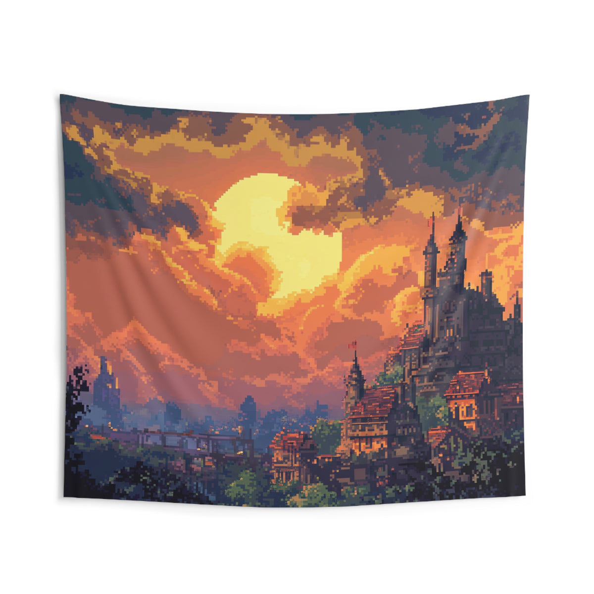 Monolith City - Anime Pixel Art Sunset Tapestry