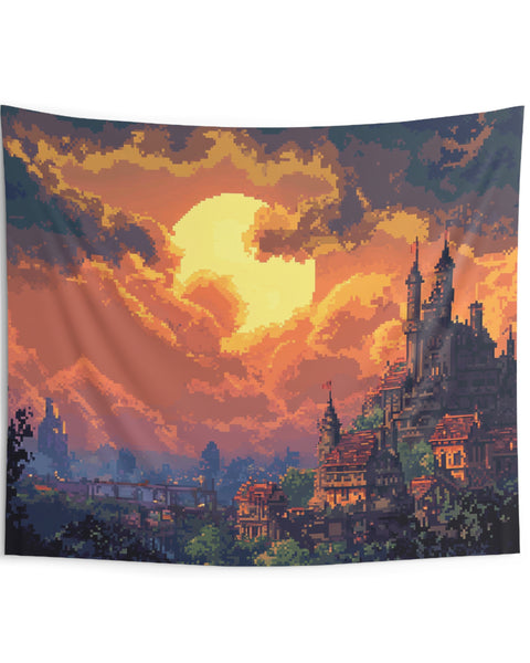 Monolith City - Anime Pixel Art Sunset Tapestry