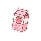 Anime-style strawberry milk carton sticker with a cute strawberry on a white background