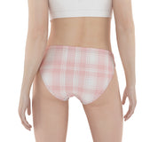 Pink plaid underwear worn by a woman on a white background