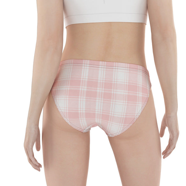 Pink plaid underwear worn by a woman on a white background