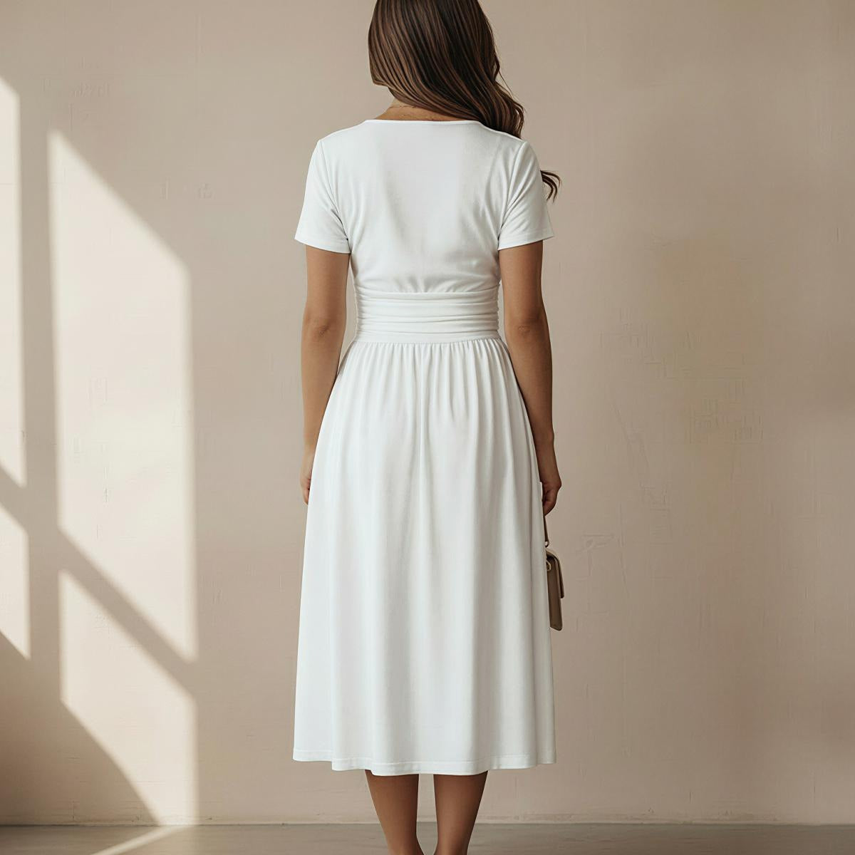 Miracle World Vintage-Style White V-Neck Dress