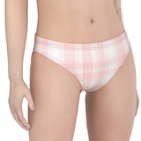Woman wearing pink plaid underwear on a white background