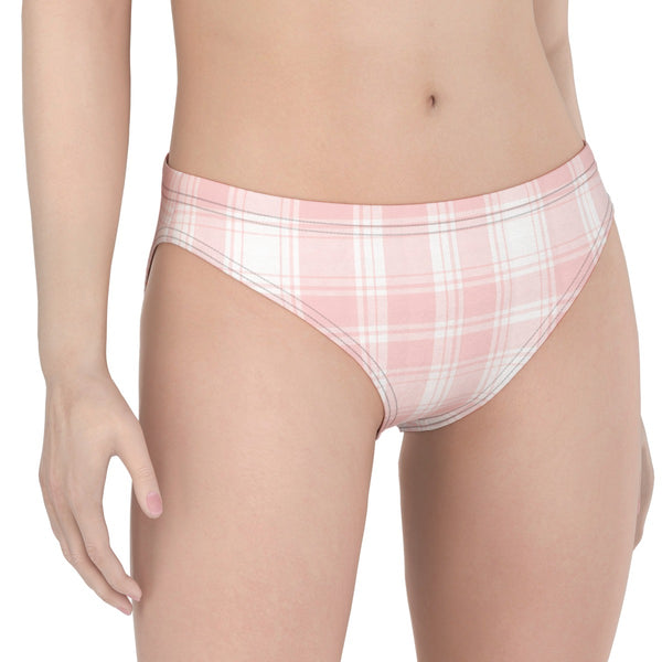 Woman wearing pink plaid underwear on a white background